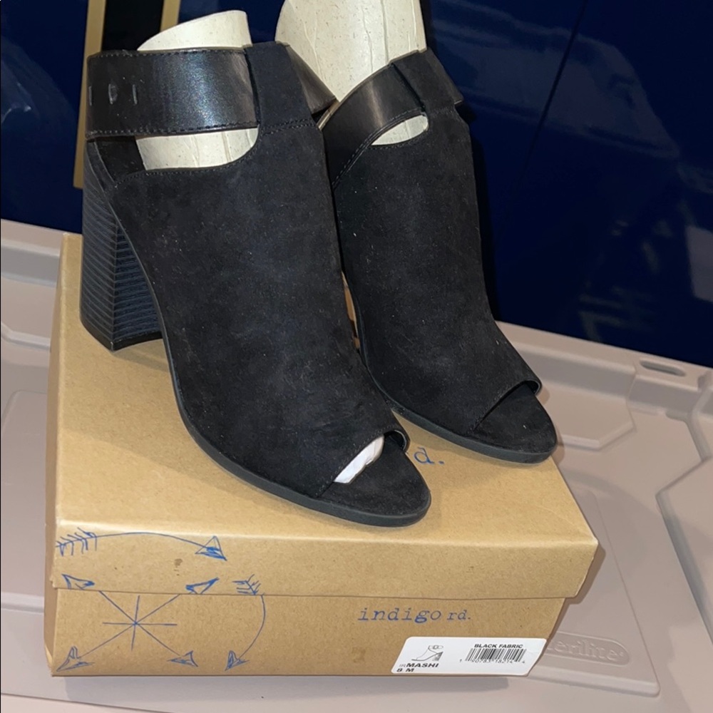 Indigo Black Peep-Toe Heeled Boots